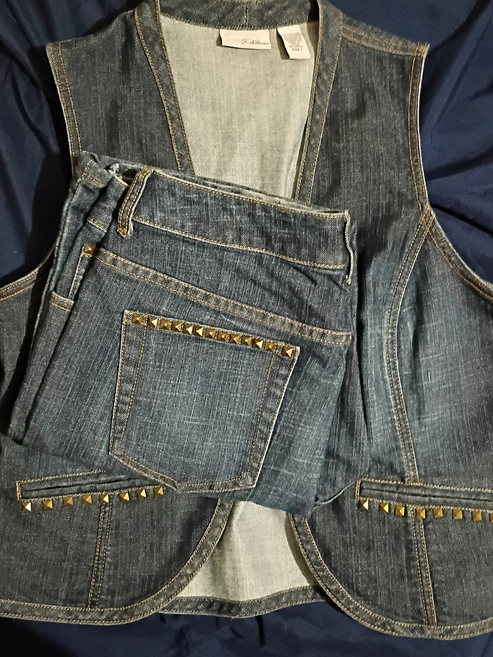 Chico's Dark Blue Denim Vest and Jeans with Gold Stud Trim